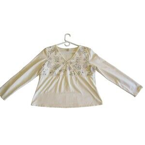 Women's Long Sleeve Top X-Large Floral Embroider Stretch V-Neck Cream Boho